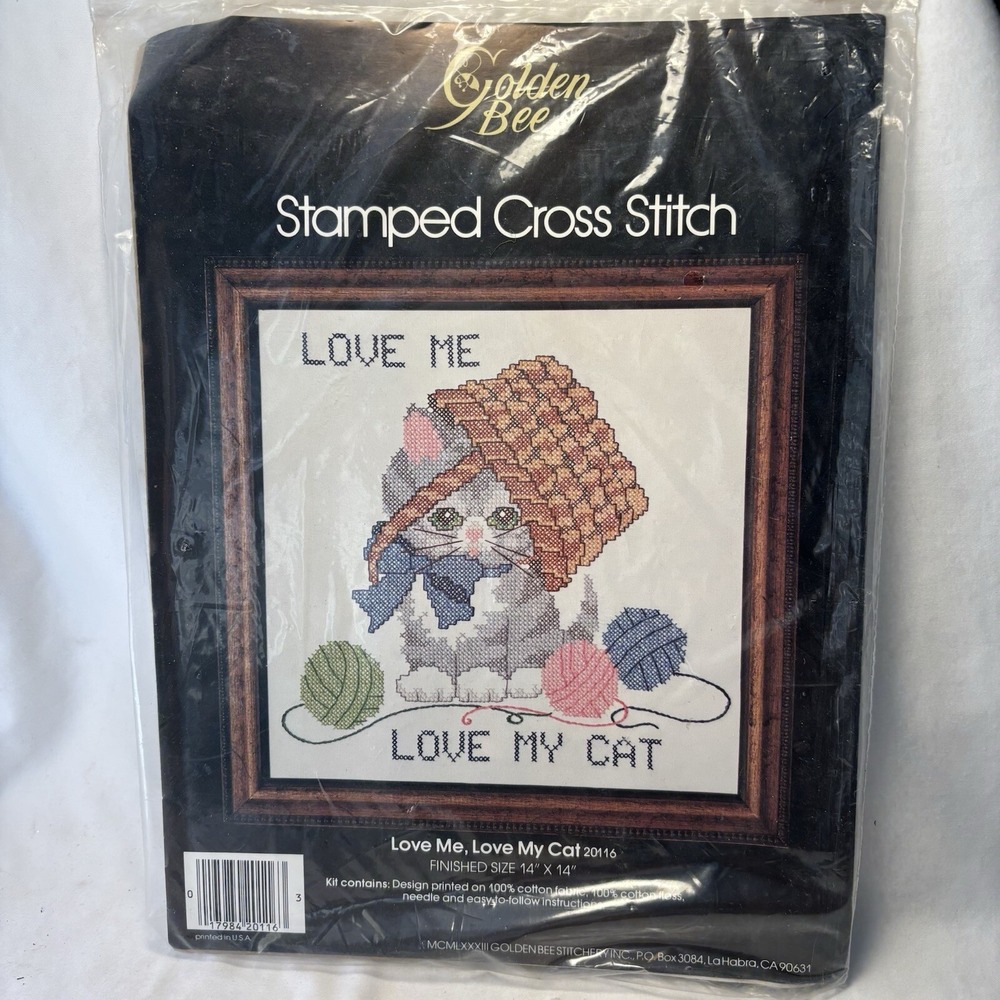 NEW 1983 Golden Bee Stamped Cross Stitch Kit 14" Love Me Love My Cat Kitten‎ M11